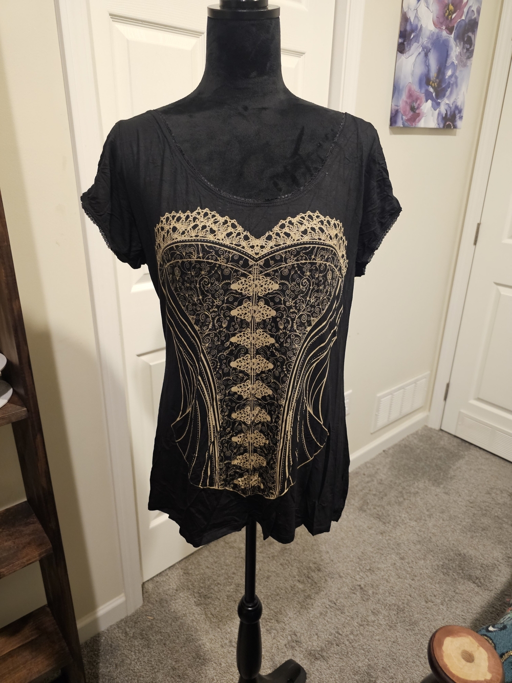 torrid Black Short-Sleeve Tee with Gold Corset Lace Print